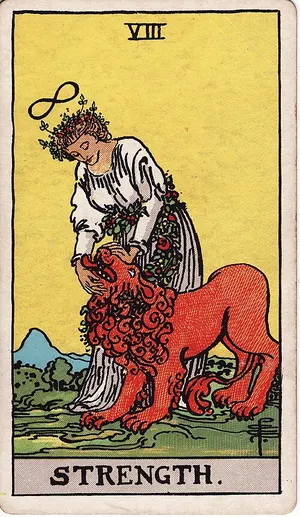 La Fuerza, carta del tarot Rider–Waite, 1909