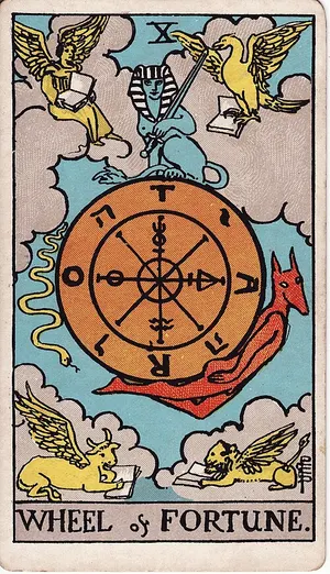 La Rueda de la Fortuna, carta del tarot Rider–Waite, 1909